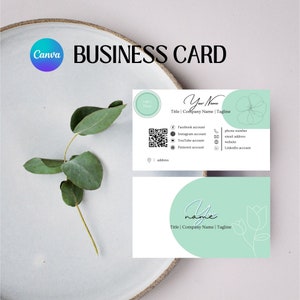 QR コード、ロゴ/写真、ソーシャル アイコン、編集可能な名刺、印刷可能なプロフェッショナル カードを備えたモダンなデジタル名刺 Canva テンプレート