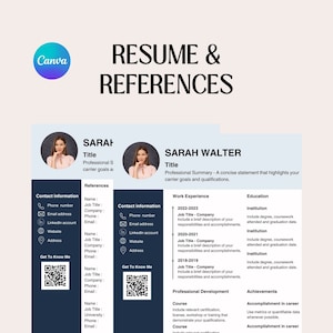 Puede incluir: Una plantilla de currículum vitae azul y blanca con una foto de una mujer, información de contacto, experiencia laboral, educación, desarrollo profesional y secciones de logros. El texto "RESUME & REFERENCES" está en la parte superior de la página.