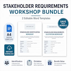 May include: A digital bundle featuring two A4 DOCX templates titled Stakeholder Identification Workshop and Stakeholder Requirements Elicitation Workshop. The layout includes fields for organization, project, and version details with a blue and white color scheme.
