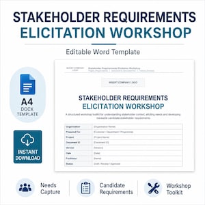 May include: An A4 DOCX template for a Stakeholder Requirements Elicitation Workshop. The document includes fields for organization, project, document ID, version, date, facilitator, and status, alongside icons for needs capture and a workshop toolkit.