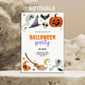 水彩画のハロウィン招待状 | 編集可能なハロウィンパーティー招待状 | 不気味なトリック・オア・トリートの印刷物