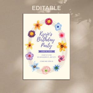 Szablon zaproszenia na przyjęcie urodzinowe z motywem kwiatowym, edytowalne i drukowane karty cyfrowe, ślub, zaręczyny, wieczór panieński, baby shower, SVG, PNG