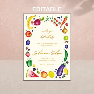 Invitation d'anniversaire aquarelle de fruits et légumes | Modèle de toile modifiable | Invitation colorée de fête d'enfants | Téléchargement numérique