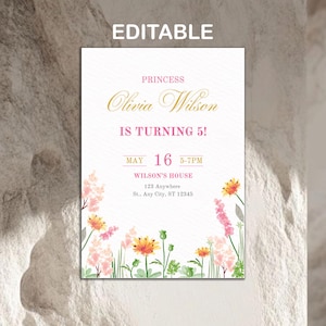 Invitación de cumpleaños editable con temática de flores rosas en acuarela / Fácilmente personalizable con Canva / Descarga digital