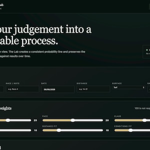 May include: A dark-themed digital interface titled Horse Handicapping Lab featuring a race worksheet. The layout includes input fields for track, race, date, distance, surface, and race type, alongside adjustable sliders for factor weights like speed and pace.