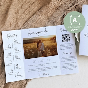 Könnte beinhalten: Eine weiße Hochzeitseinladung mit Zeitplan, Fotos und dem Text "Wir sagen Ja!" und "Lisa & Markus." Die Einladung enthält einen QR-Code und das Datum 24 | 03 | 26. Das Design ist mit Canva anpassbar.