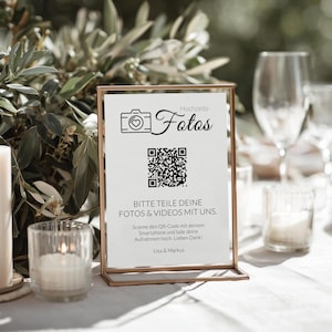 Hochzeits-QR-Code Schild auf Deutsch aus wertigem Offsetkarton | DIN A6 | Teile Deine Fotos & Videos mit uns | Hochzeitsschild mit Icon