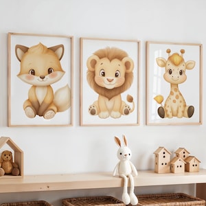Carteles de animales para niños | Zorro, león, jirafa | A3 y A4 | PDF para imprimir | Decoración de pared habitación infantil | Motivos animales, carteles de animales