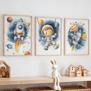 Carteles del espacio para niños | nave espacial, astronauta, satélite | A3 y A4 | PDF para imprimir | Decoración de pared habitación infantil | Planetas