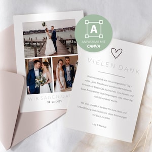 Dankeskarte für Hochzeit mit Fotos auf Deutsch | A6 Postkarte | Canva-Vorlage | Personalisierbare Danksagungskarte DIY | Hochzeitspapeterie