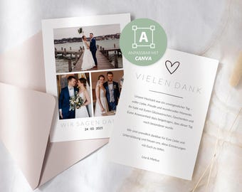 Dankeskarte für Hochzeit mit Fotos auf Deutsch | A6 Postkarte | Canva-Vorlage | Personalisierbare Danksagungskarte DIY | Hochzeitspapeterie