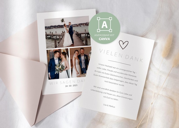 Dankeskarte für Hochzeit mit Fotos auf Deutsch | A6 Postkarte | Canva-Vorlage | Personalisierbare Danksagungskarte DIY | Hochzeitspapeterie