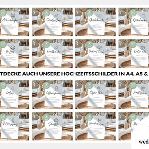 May include: A selection of white wedding signs with black text and simple illustrations. The signs feature phrases such as "Candy Bar," "Buffet," and "Ladies." The image also includes the text "ENTDECKE AUCH UNSERE HOCHZEITSSCHILDER IN A4, A5 & A6."