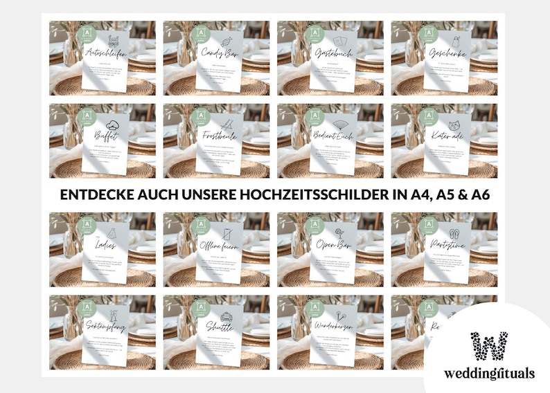 May include: A selection of white wedding signs with black text and simple illustrations. The signs feature phrases such as "Candy Bar," "Buffet," and "Ladies." The image also includes the text "ENTDECKE AUCH UNSERE HOCHZEITSSCHILDER IN A4, A5 & A6."