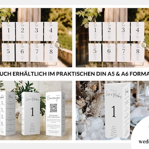 May include: White wedding table numbers 1-8 on cards, displayed on a wire frame. Additional table cards and menu cards are also shown. Text on the image includes "Lisa & Markus" and "wedding rituals".