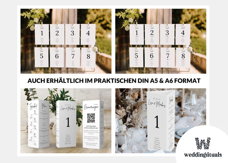 May include: White wedding table numbers 1-8 on cards, displayed on a wire frame. Additional table cards and menu cards are also shown. Text on the image includes "Lisa & Markus" and "wedding rituals".