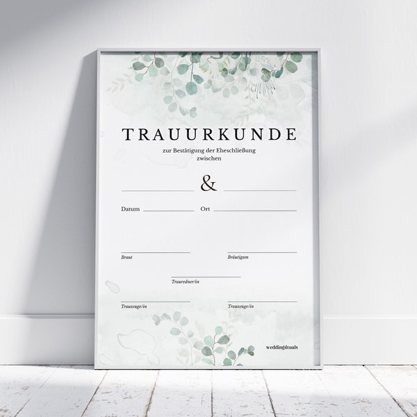 Stilvolle Trauurkunde aus wertigem Offsetkarton | Greenery | DIN A4 hochkant oder quer | Freie Trauung | Hochzeitserinnerungen