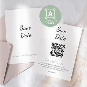 Save-on-date-kaarten met QR-code in het Duits | DIN-A6 | Canva-sjabloon | Bewaar de datum ansichtkaarten | Huwelijksuitnodiging met bruiloftshomepage