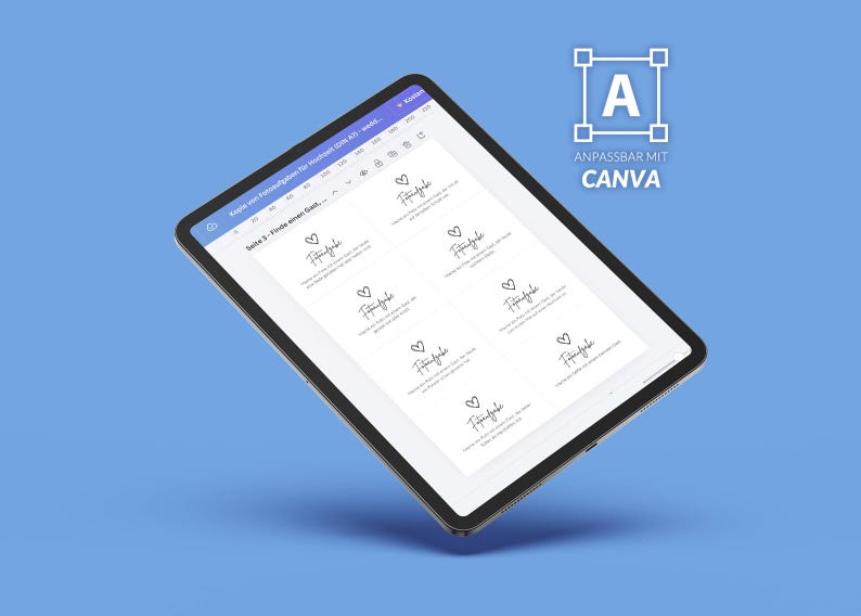May include: A tablet displaying a digital document with multiple rectangular cards, each featuring a heart icon and the German text 'Fotoaufgabe'. The screen interface includes a top navigation bar and a logo in the corner with the text 'ANPASSBAR MIT CANVA'.
