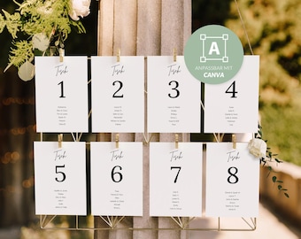 Wedding place cards with table numbers in German | A5 & A6 | Canva template | Wedding seating plan | Seating chart for the wedding | Place cards
