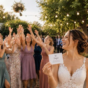 May include: A person in a white lace wedding dress holds a small rectangular card with a heart icon and the text 'Tats&auml;chlich' above 'Das ist der Tag, den wir uns immer gew&uuml;nscht haben'. In the background, a group tosses a floral bouquet.