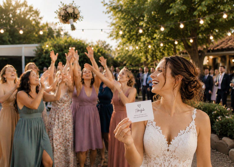 May include: A person in a white lace wedding dress holds a small rectangular card with a heart icon and the text 'Tats&auml;chlich' above 'Das ist der Tag, den wir uns immer gew&uuml;nscht haben'. In the background, a group tosses a floral bouquet.