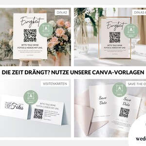 Puede incluir: Una colecci&oacute;n de plantillas de papeler&iacute;a de boda que incluye carteles, tarjetas de visita y tarjetas de "save the date" con c&oacute;digos QR, el texto "Moment f&uuml;r die Ewigkeit," "BITTE TEILE DEINE FOTOS & VIDEOS MIT UNS," y "Save Date".