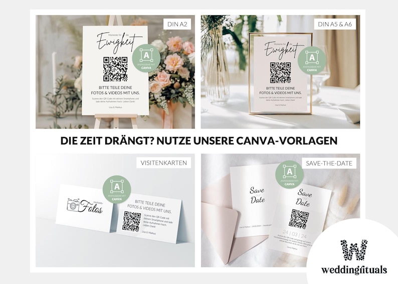 Puede incluir: Una colecci&oacute;n de plantillas de papeler&iacute;a de boda que incluye carteles, tarjetas de visita y tarjetas de "save the date" con c&oacute;digos QR, el texto "Moment f&uuml;r die Ewigkeit," "BITTE TEILE DEINE FOTOS & VIDEOS MIT UNS," y "Save Date".