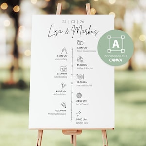 May include: A white wedding schedule sign on a wooden easel, with the names "Lisa & Markus" and event times. The sign includes icons for champagne, rings, a camera, cake, dancing, and pizza. The background is blurred.