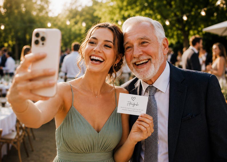 May include: A small white rectangular card featuring a hand-drawn heart icon above the text 'Fototaufgabe' and additional printed instructions, held by two individuals posing for a selfie with a smartphone at an outdoor event.