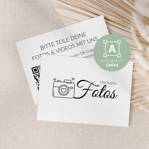 Hochzeits-QR-Code Visitenkarten auf Deutsch | 88x55 mm | Canva Vorlage | Teile Deine Fotos & Videos mit uns | Hochzeitsvisitenkarte