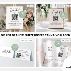 May include: A collection of wedding stationery templates including signs, business cards, and save-the-date cards. Each item features a QR code, the text Ewigkeit, and the instruction Bitte teile deine Fotos & Videos mit uns. The designs are white with black text and include a Canva logo icon.