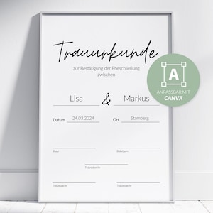 Trauurkunde für Hochzeit auf Deutsch | DIN A4 hochkant oder quer | Canva-Vorlage | Freie Trauung | Hochzeitserinnerungen