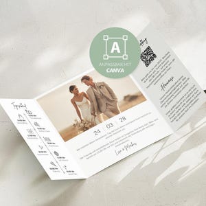 Quadratische Hochzeitseinladung gefaltet | 148x148 mm | Tagesablauf & QR-Code | Canva-Vorlage | Einladungskarten aufklappbar inkl. Falthilfe
