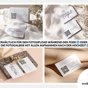 Puede incluir: Una colecci&oacute;n de tarjetas rectangulares blancas con texto en negro, c&oacute;digos QR e iconos de c&aacute;maras. Las tarjetas muestran texto en alem&aacute;n, incluyendo "Fotos", "Ewigkeit" y "Hier findest du alle Hochzeitsfotos", junto al logotipo de weddingrituals.