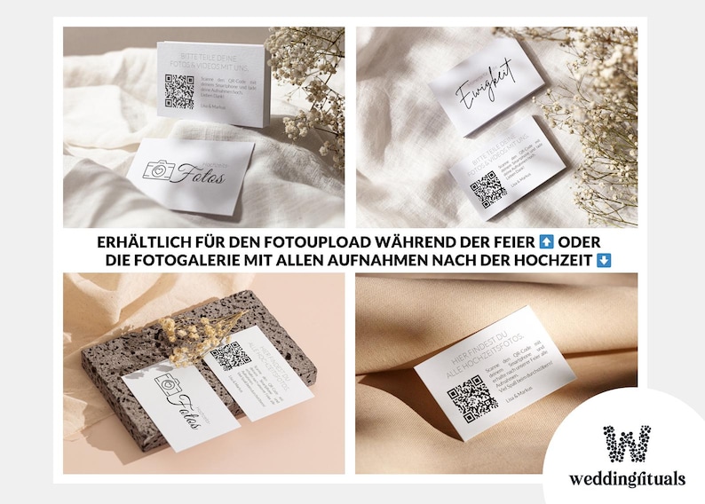 Puede incluir: Una colecci&oacute;n de tarjetas rectangulares blancas con texto en negro, c&oacute;digos QR e iconos de c&aacute;maras. Las tarjetas muestran texto en alem&aacute;n, incluyendo "Fotos", "Ewigkeit" y "Hier findest du alle Hochzeitsfotos", junto al logotipo de weddingrituals.