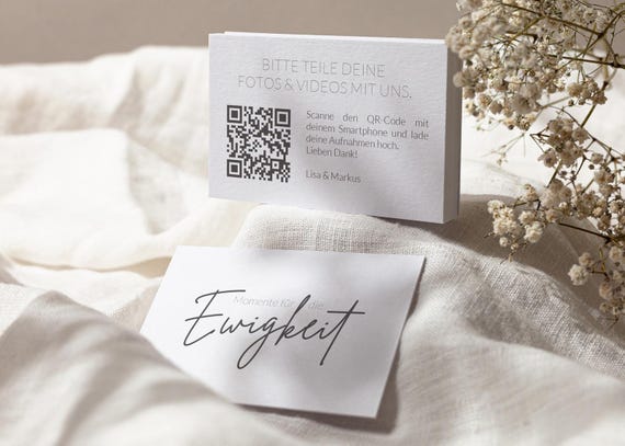 Hochzeits-QR-Code Visitenkarte auf Deutsch aus wertigem Offsetkarton | 85x55 mm | Hochzeitsfotos Gäste einsammeln | Momente für die Ewigkeit