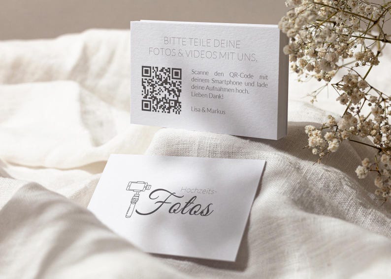 Wedding QR code business card in German, printed on high-quality offset cardstock | 85 x 55 mm | Share your photos & videos with us | Wedding business card image 6