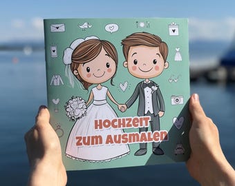 Malbuch für Hochzeiten mit Kindern | Hochzeitsmalbuch mit 10 Motiven, Rätseln, Steckbrief & Quiz | Kinderbeschäftigung | 21x21cm | 16 Seiten