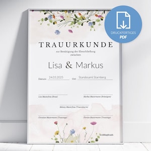 Personalisierte Trauurkunde zum Ausdrucken mit Wildblumen | Wild Flowers | DIN A4 hochkant oder quer | PDF | Hochzeitserinnerung auf Deutsch