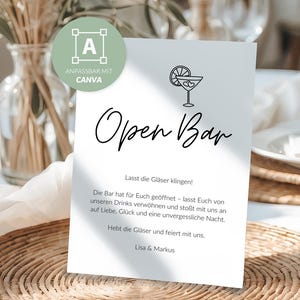 Open Bar Sign in German | A4, A5, A6 | Canva Template | Wedding Sign | Wedding Bar is Open | Personalized Table Sign