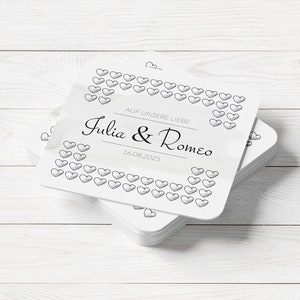 Bierdeckel & Untersetzer für Hochzeiten | 93x93 mm | personalisierbar mit Namen und Datum | Wähle Dein Rückseitenmotiv