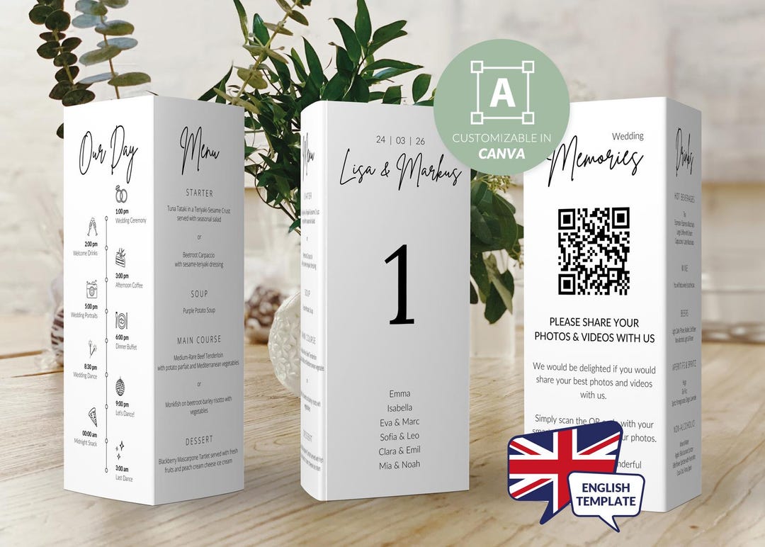 Foldable Table Number Signs With Menu, Timeline & QR Code | Triangle ...