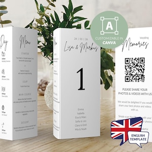 Könnte beinhalten: Weiße Hochzeitstischkarten mit schwarzem Text. Eine Karte zeigt den Hochzeitsablauf, eine andere das Menü und eine dritte Karte einen QR-Code zum Teilen von Fotos. Die Karten sind in Canva anpassbar.