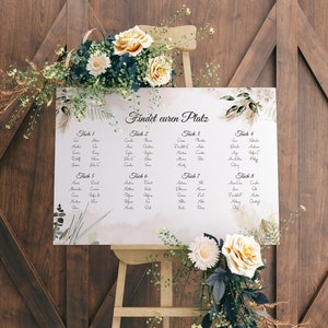 Sitzplan-Schild Hochzeit aus Acryl | BoHo | Individuelle Namen | DIN A2 hochkant oder quer | Ideal für Staffelei | Hochglanz