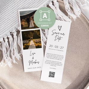 May include: Two white wedding invitation cards with photos and text, including "Save our Date" and names. The cards are on a neutral-toned plate with a white fringed blanket.