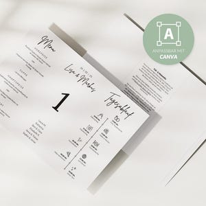 May include: A wedding menu and schedule printed on white paper. The menu includes the word "Menu" and the schedule includes the words "Lisa & Markus" and "Tagesablauf". The number "1" is prominently displayed.