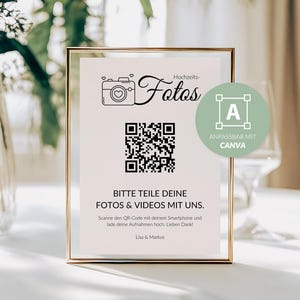 Hochzeits-QR-Code Schild auf Deutsch | A5, A6 | Canva-Vorlage | Teile Deine Fotos & Videos mit uns | Hochzeitsschild | Hochzeits-Fotos