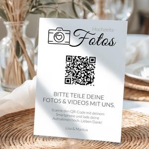 Hochzeits-QR-Code Schild auf Deutsch aus wertigem Offsetkarton | DIN A5 | Teile Deine Fotos & Videos mit uns | Hochzeitsschild mit Icon