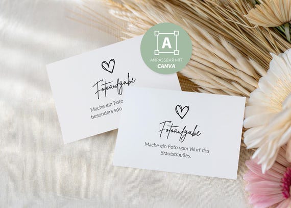 Fotoaufgaben zur Hochzeit auf Deutsch | 96 Aufgaben | A7 | Canva-Vorlage | PDF zum Ausdrucken | Hochzeitsspiel zum Kennenlernen | Fotobox